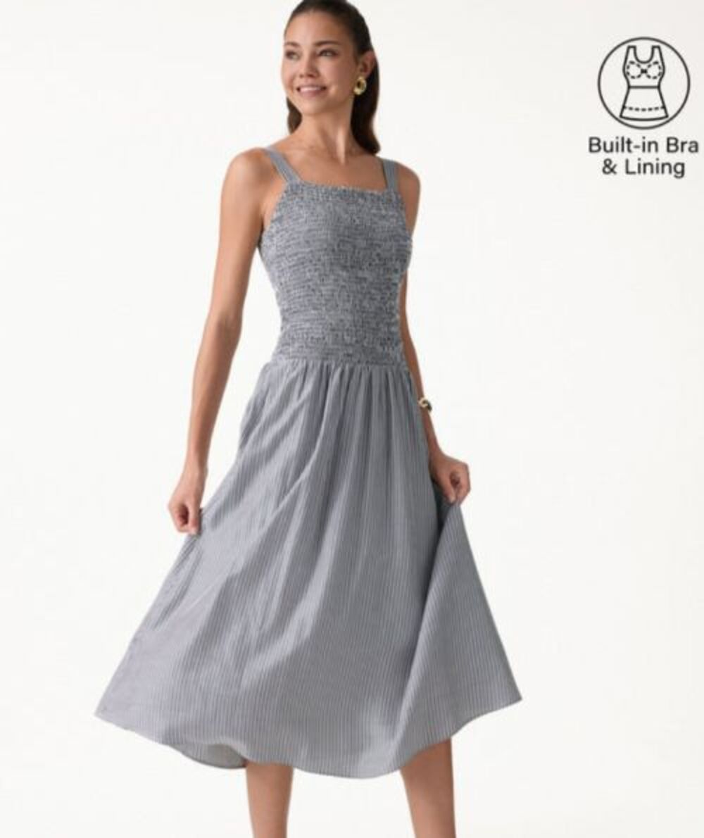 OGL Gray Striped Smocked Square Neck Side Pocket Midi Brami Dress Size Medium